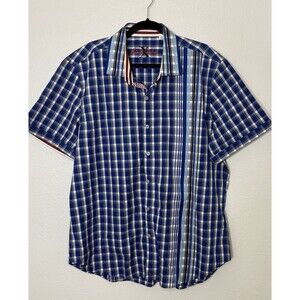 ROBERT GRAHAM  Blue White Gingham Check Shott Sleeve %100 Cotton Size 2XL